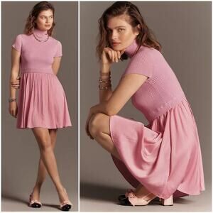 BY ANTHROPOLOGIE NWT Thea Pink Twofer Pleated Mini Sweater Dress Size XXS